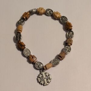 Jerusalem Cross Stretch Bracelet Wood Beads Religious Christian‎ Charm